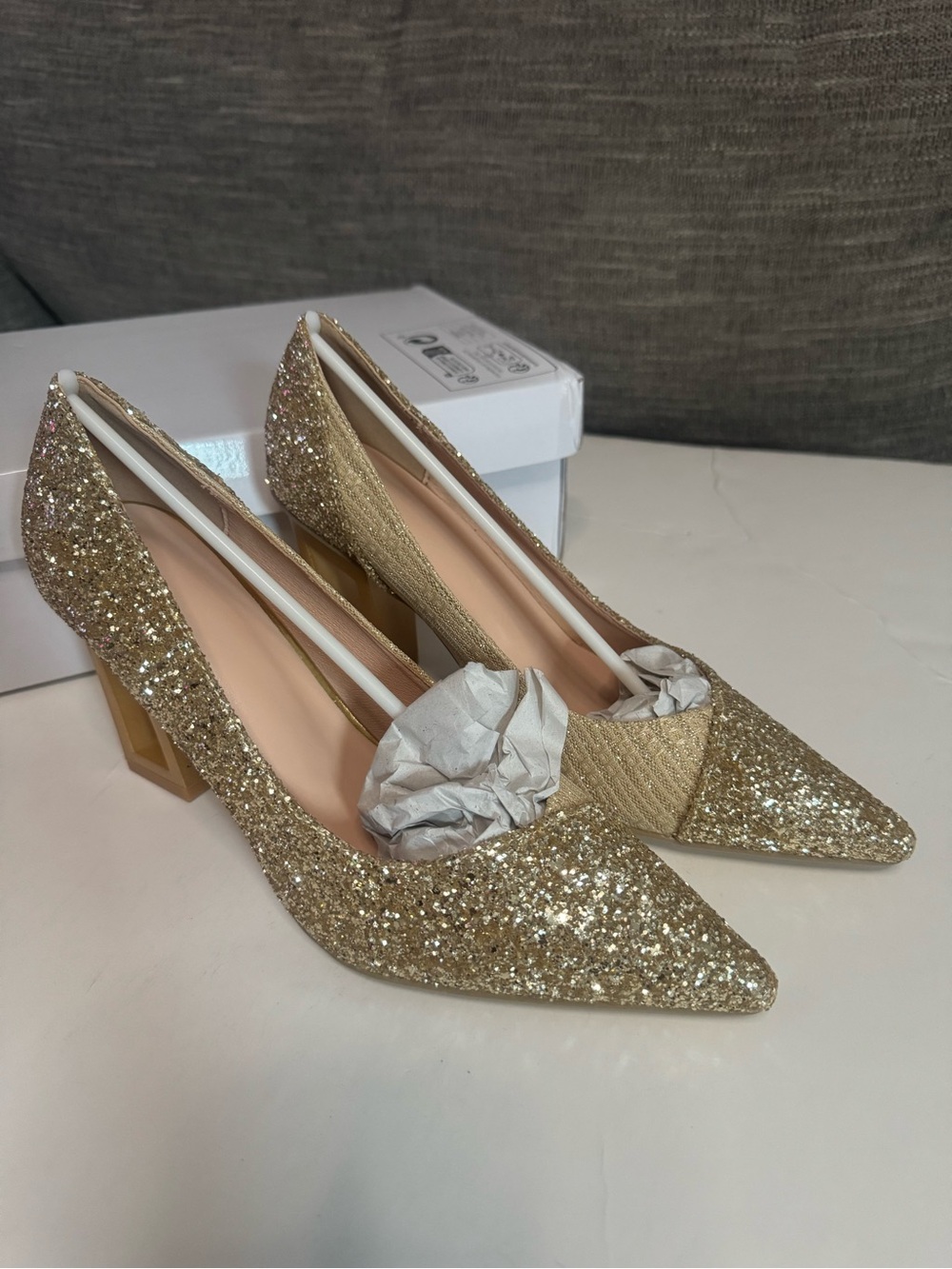 Gold Glitter Pointed-Toe Block Heel Pumps